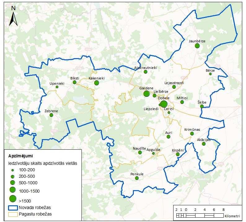 1.1.1. attēls. Iedzīvotāju skaits apdzīvotās vietās Dobeles novadā uz 2012.