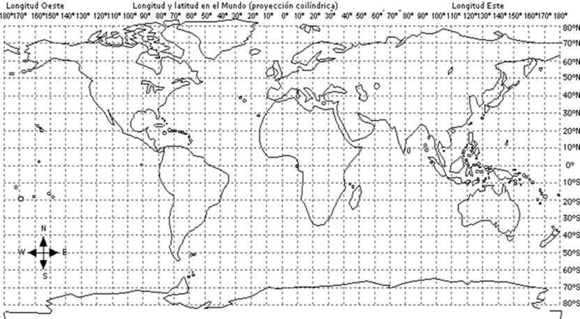 24.1. Localiza estes puntos no mapa. Coloca un punto coa letra que aparece a continuación en maiúscula: 24.1.a.1. Punto A: Latitude 35 º N Lonxitude 60º L 24.1.a.2. Punto B: Latitude 40 º S Lonxitude: 130 º O 25.