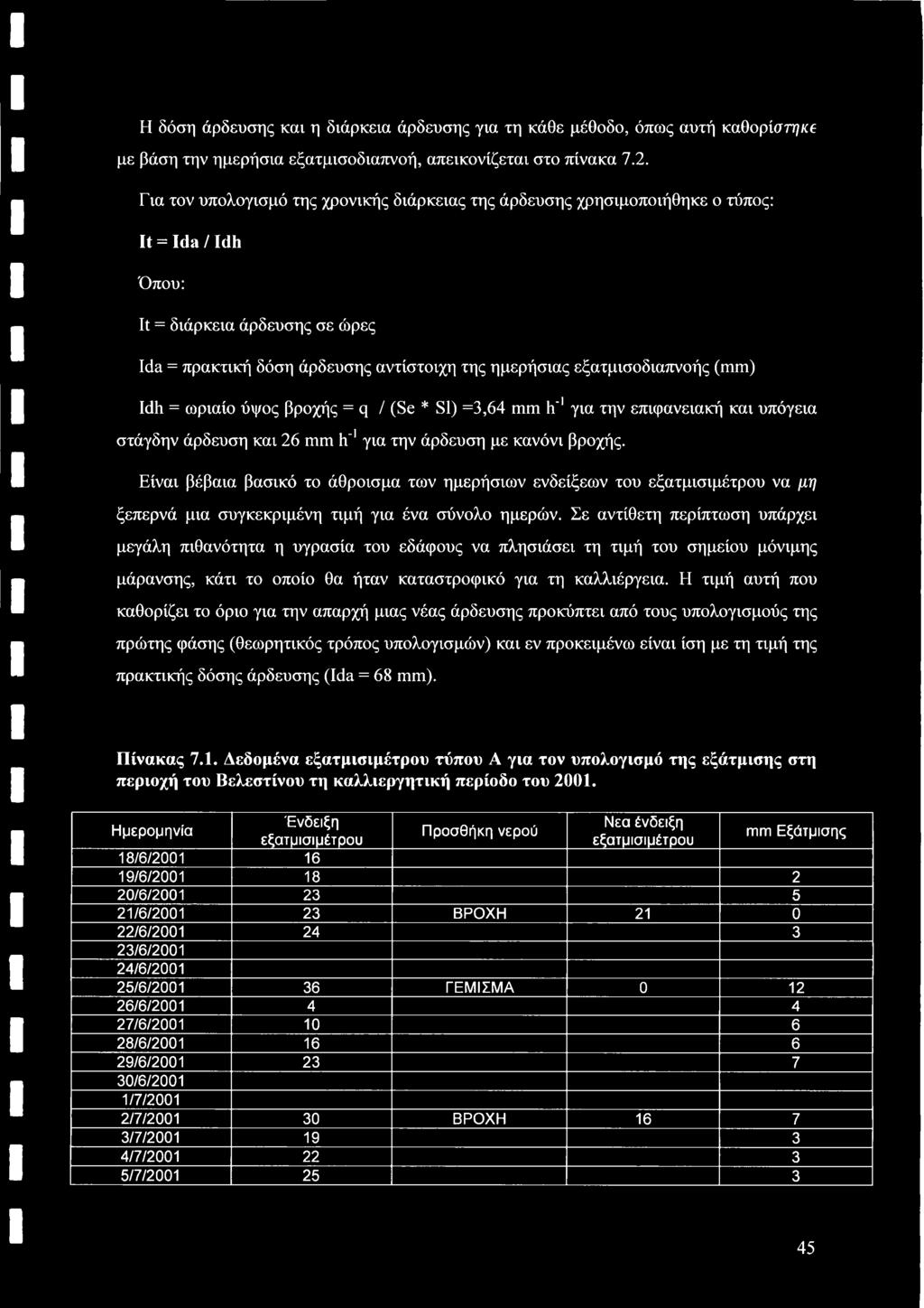 εξατμισοδιαπνοής (mm) Idh = ωριαίο ύψος βροχής = q / (Se * SI) =3,64 mm tf1 για την επιφανειακή και υπόγεια στάγδην άρδευση και 26 mm h'1 για την άρδευση με κανόνι βροχής.