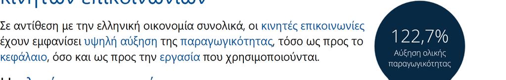 Ο ΡΟΛΟΣ ΤΩΝ ΚΙΝΗΤΩΝ ΕΠΙΚΟΙΝΩΝΙΩΝ ΣΤΗΝ ΑΝΑΠΤΥΞΗ ΤΗΣ ΕΛΛΗΝΙΚΗΣ ΟΙΚΟΝΟΜΙΑΣ Παραγωγικότητα του κλάδου κινητών επικοινωνιών Σε αντίθεση με την ελληνική οικονομία συνολικά, οι κινητές επικοινωνίες έχουν