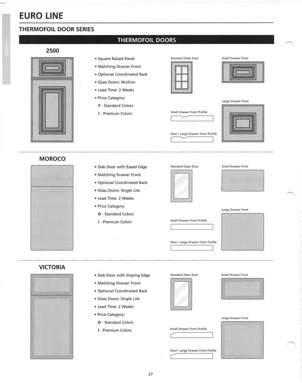 EURO ΝΕ THERMOFOIL DOOR 5ERIE5 2500 THERMOFOIL DOOR5 Square Raised Panel Small Drawer Front Matching Drawer Front Optional Coordinated Β& Ε Doors: Mullion F - Standard Colors 1 - Premium Colors Door