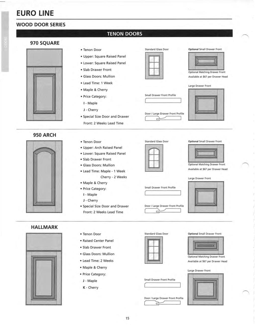 EURO ΝΕ WOOD DOOR SERIE5 ΤΕΝΟΝ DOORS 970 SQUARE Tenon Door Optional Small Drawer Front Upper: Square Ρ15 Panel Lower: Square Raised Panel 51 Drawer Front Glass Doors: Mullion Available at $67 per