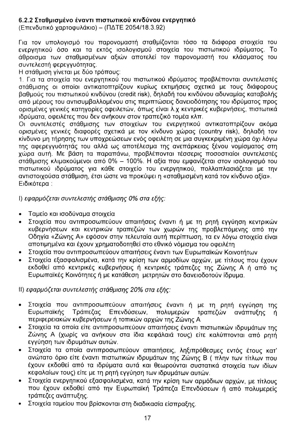 6.2.2 Σταθμισμένο έναντι πιστωτικού κινδύνου ενεργητικό (Επενδυτικό χαρτοφυλάκιο) - (ΠΔΤΕ 2054/18.3.