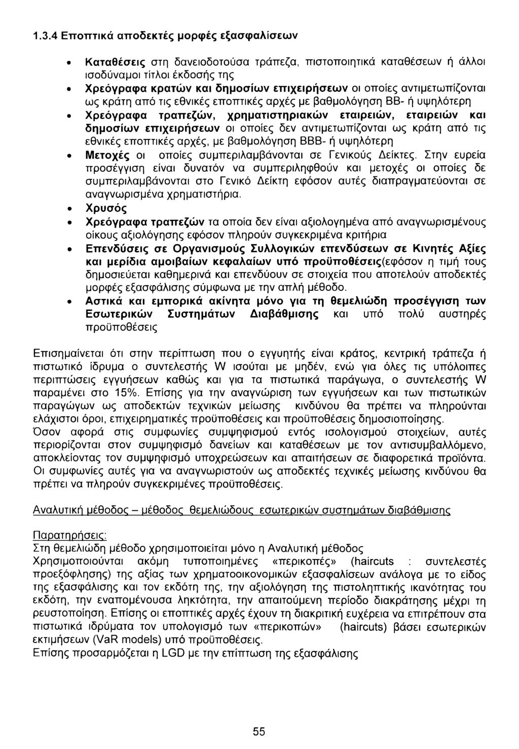 1.3.4 Εποπτικά αποδεκτές μορφές εξασφαλίσεων Καταθέσεις στη δανειοδοτούσα τράπεζα, πιστοποιητικά καταθέσεων ή άλλοι ισοδύναμοι τίτλοι έκδοσής της Χρεόγραφα κρατών και δημοσίων επιχειρήσεων οι οποίες