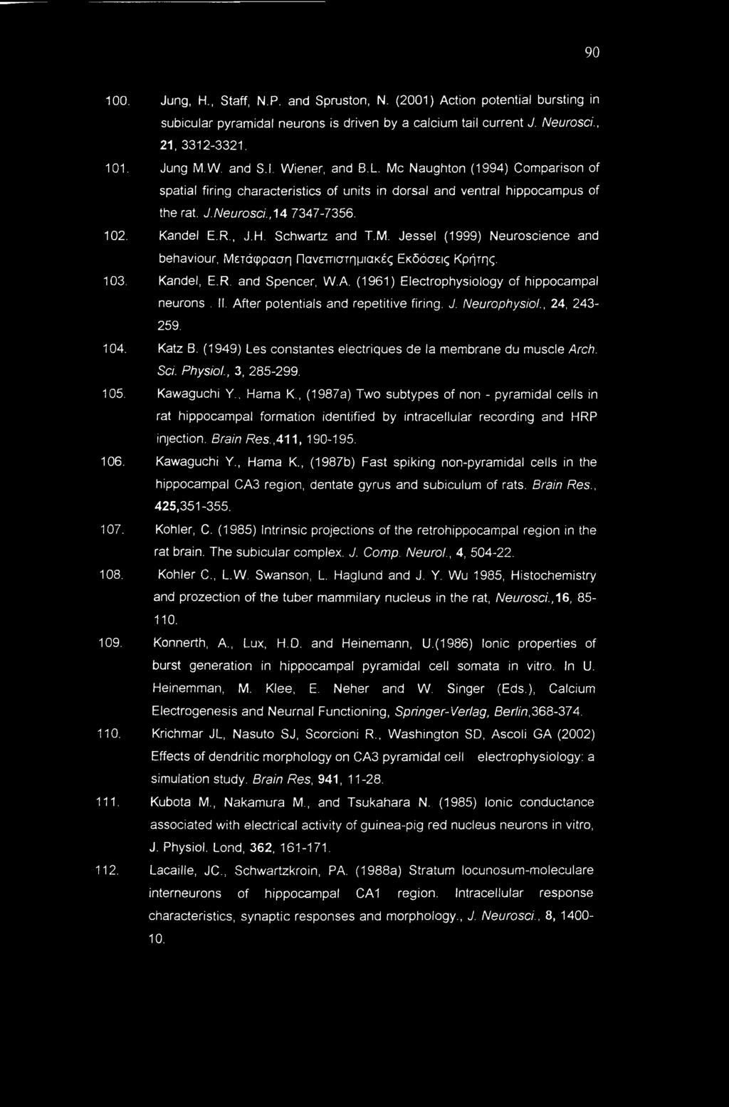 103. Kandel, E.R. and Spencer, W.A. (1961) Electrophysiology of hippocampal neurons. II. After potentials and repetitive firing. J. Neurophysiol., 24, 243-259. 104. Katz B.