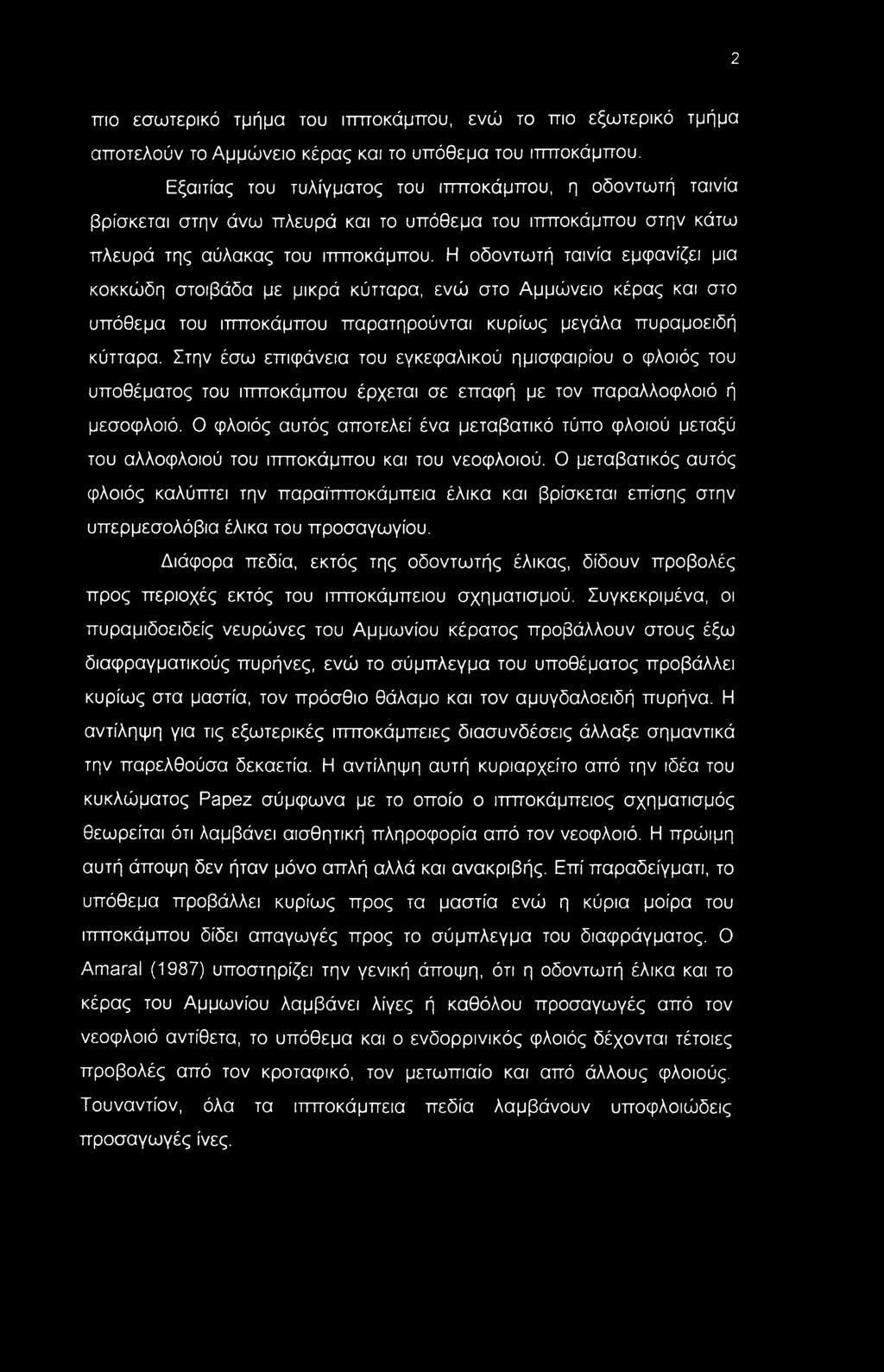Η οδοντωτή ταινία εμφανίζει μια κοκκώδη στοιβάδα με μικρά κύτταρα, ενώ στο Αμμώνειο κέρας και στο υπόθεμα του ιττποκάμπου παρατηρούνται κυρίως μεγάλα πυραμοειδή κύτταρα.