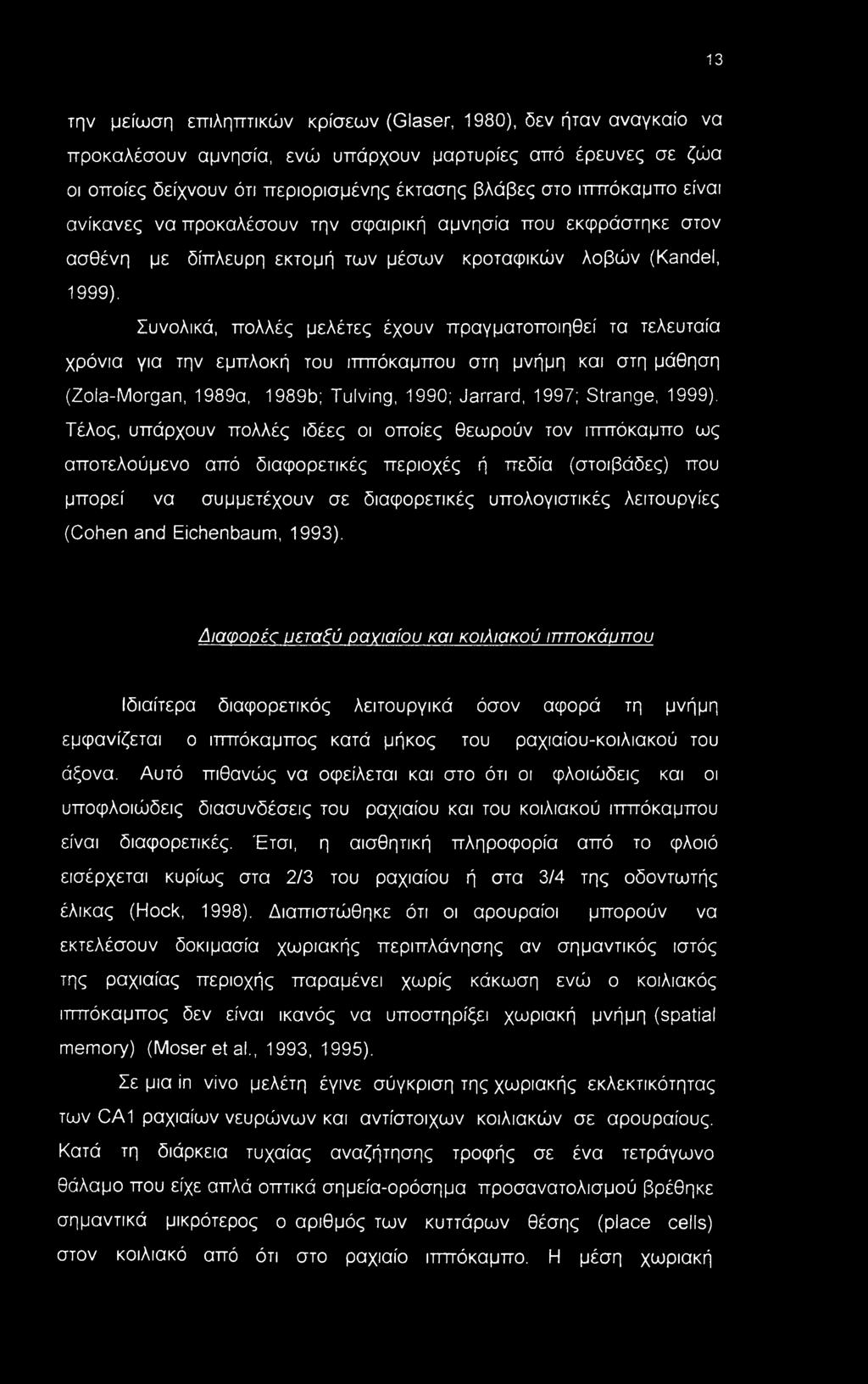 Συνολικά, πολλές μελέτες έχουν πραγματοποιηθεί τα τελευταία χρόνια για την εμπλοκή του ιππόκαμπου στη μνήμη και στη μάθηση (Zola-Morgan, 1989α, 1989b; Tulving, 1990; Jarrard, 1997; Strange, 1999).