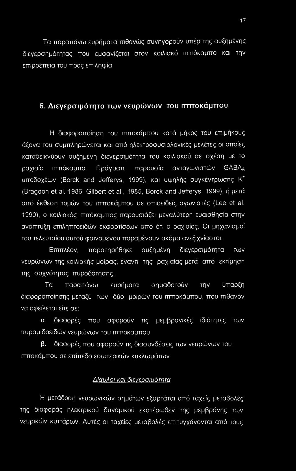 διεγερσιμότητα του κοιλιακού σε σχέση με το ραχιαίο ιππόκαμπο. Πράγματι, παρουσία ανταγωνιστών GABAa υποδοχέων (Borck and Jefferys, 1999), και υψηλής συγκέντρωσης Κ+ (Bragdon et al.