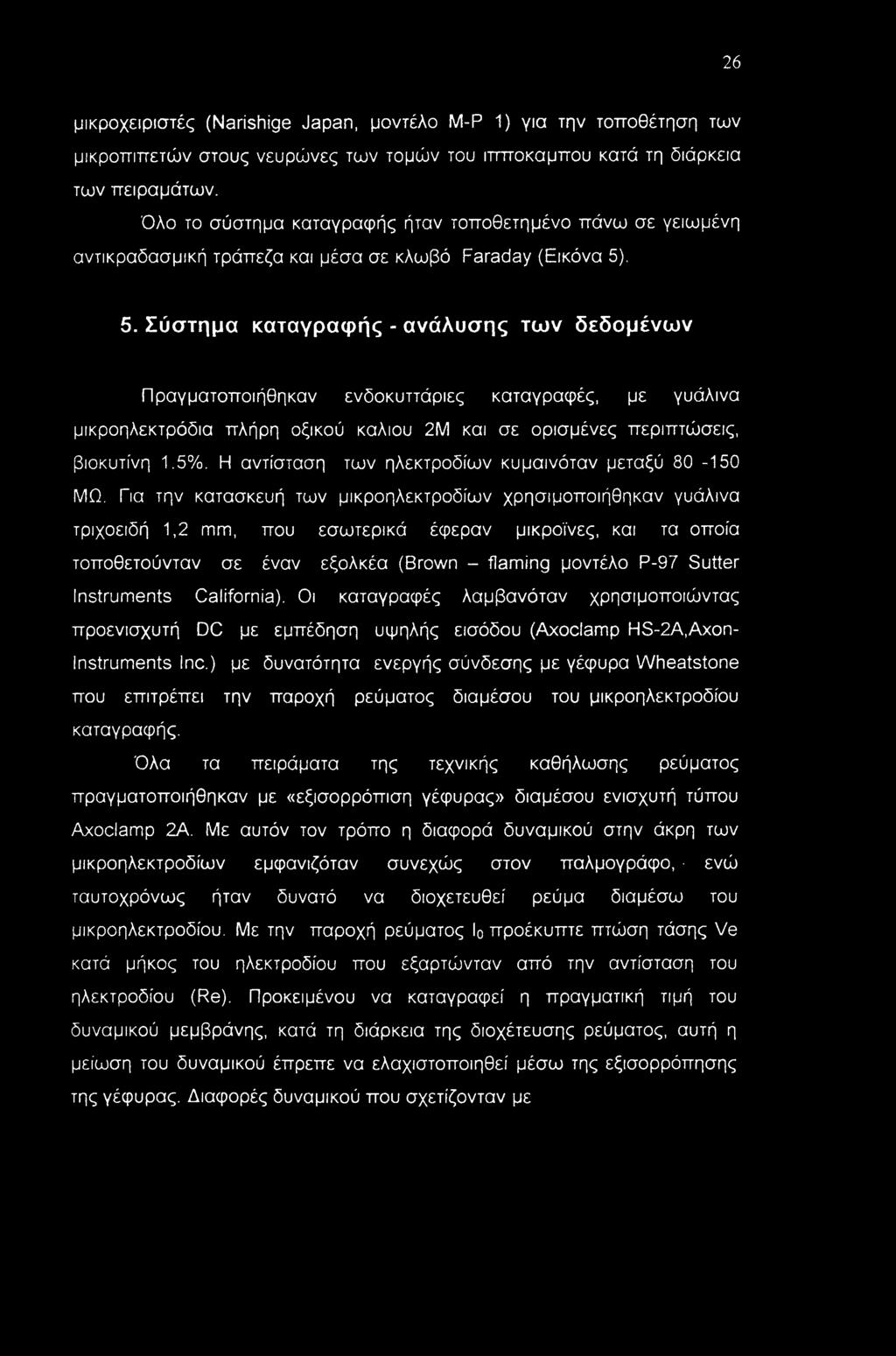 . 5. Σύστημα καταγραφής - ανάλυσης των δεδομένων Πραγματοποιήθηκαν ενδοκυττάριες καταγραφές, με γυάλινα μικροηλεκτρόδια πλήρη οξικού καλιού 2Μ και σε ορισμένες περιπτώσεις, βιοκυτίνη 1.5%.