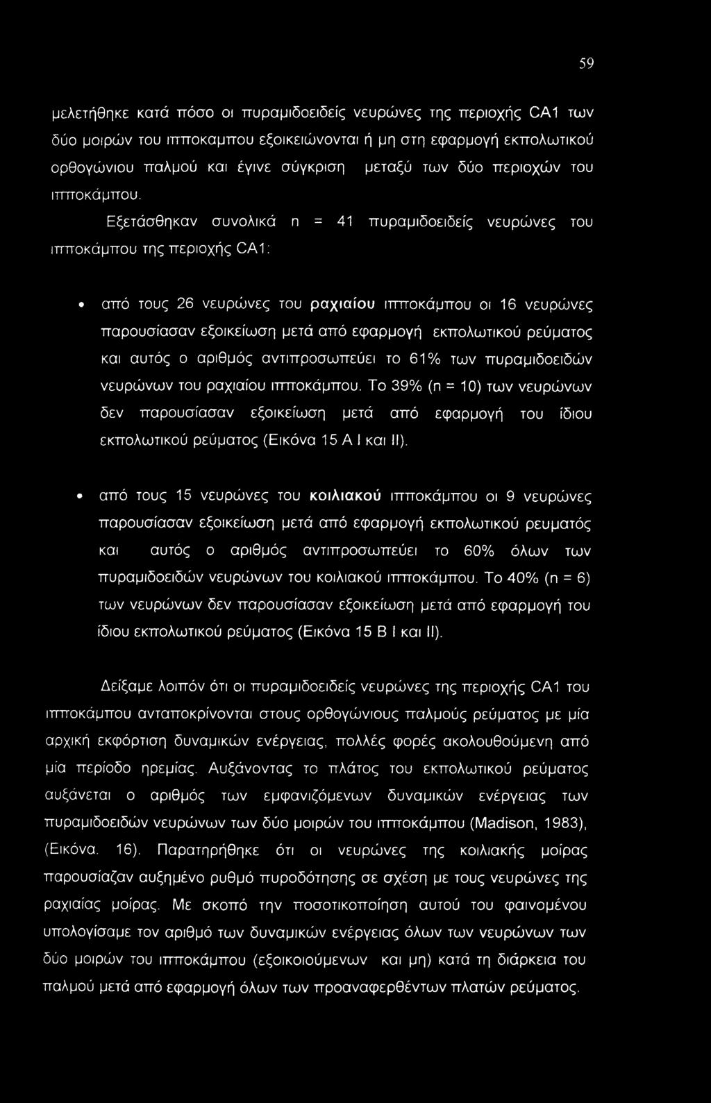 Εξετάσθηκαν συνολικά η = 41 πυραμιδοειδείς νευρώνες του ιπποκάμπου της περιοχής CA1: από τους 26 νευρώνες του ραχιαίου ιπποκάμπου οι 16 νευρώνες παρουσίασαν εξοικείωση μετά από εφαρμογή εκπολωτικού