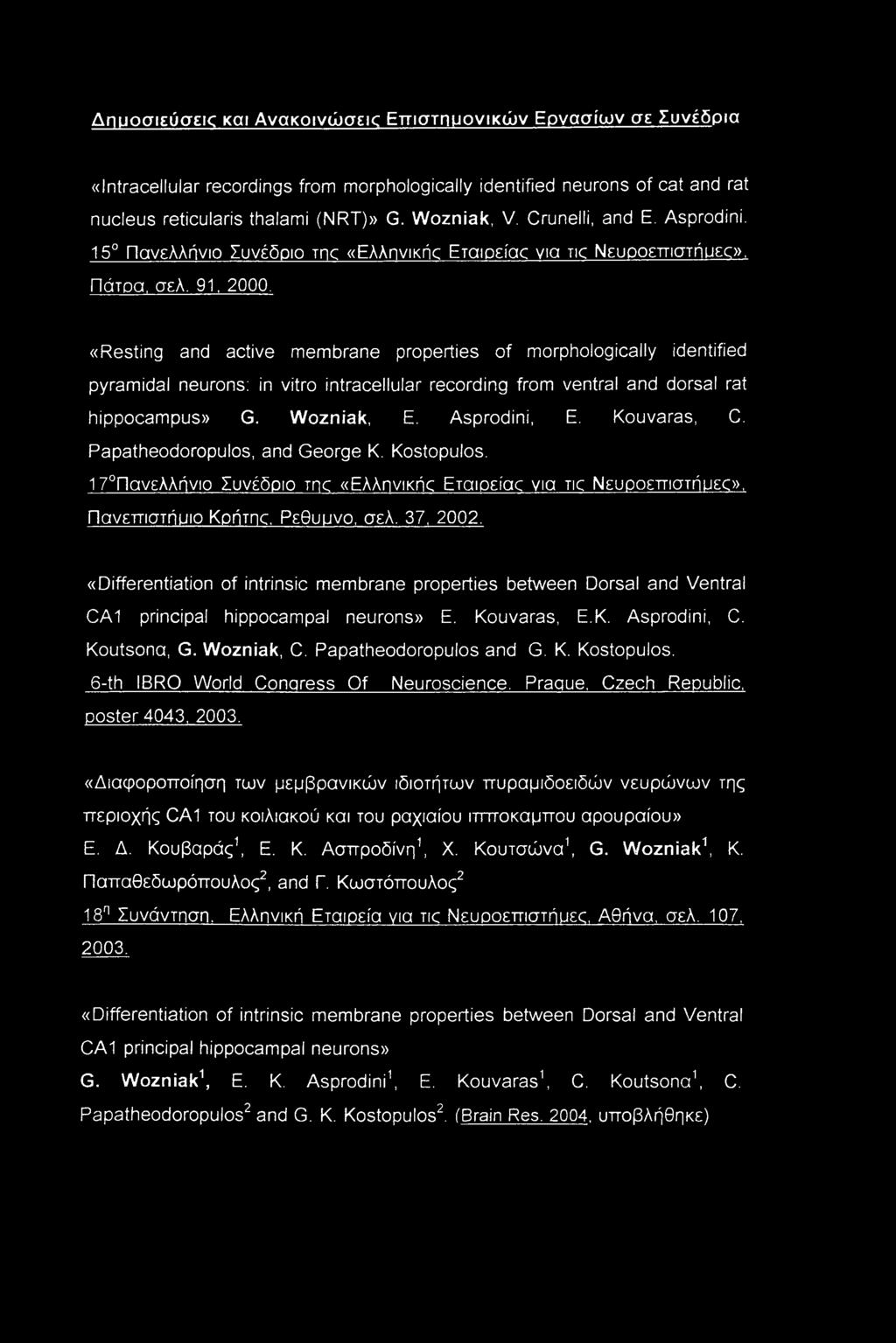 «Resting and active membrane properties of morphologically identified pyramidal neurons: in vitro intracellular recording from ventral and dorsal rat hippocampus» G. Wozniak, E. Asprodini, E.