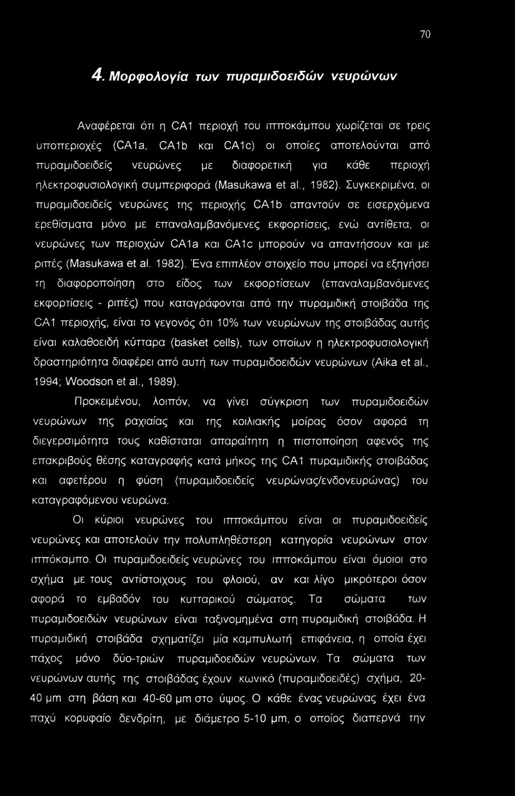 Συγκεκριμένα, οι πυραμιδοειδείς νευρώνες της περιοχής CAlb απαντούν σε εισερχόμενα ερεθίσματα μόνο με επαναλαμβανόμενες εκφορτίσεις, ενώ αντίθετα, οι νευρώνες των περιοχών CAIa και CAIc μπορούν να