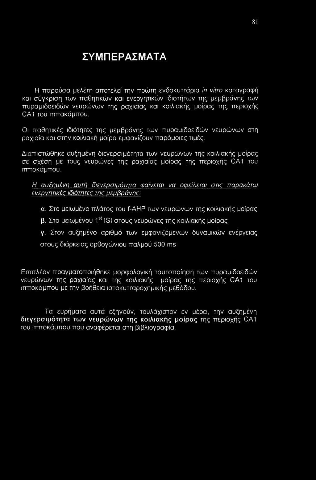 Διαπιστώθηκε αυξημένη διεγερσιμότητα των νευρώνων της κοιλιακής μοίρας σε σχέση με τους νευρώνες της ραχιαίας μοίρας της περιοχής CA1 του ιπποκάμπου.
