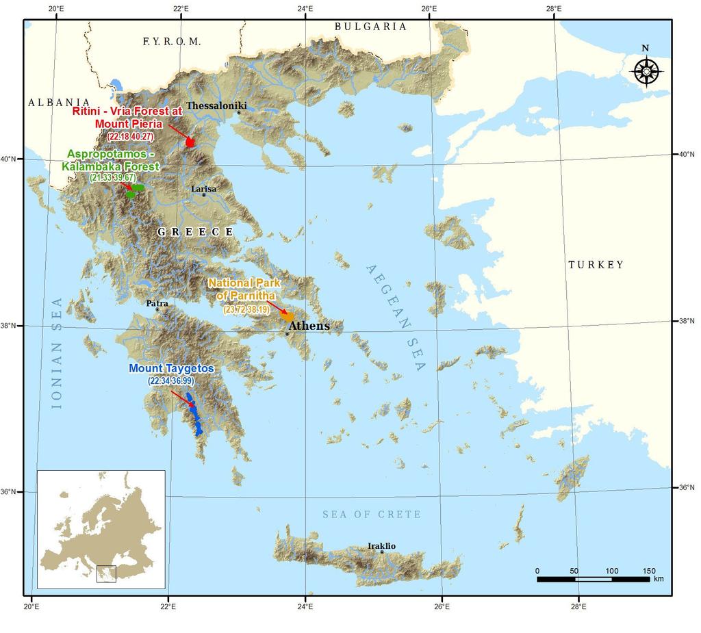 Τέσσερις (4) περιοχές µελέτης: άσος Ρητίνης-Βρίας στα Πιέρια Όρη άσος Ασπροποτάµου-Καλαµπάκας Εθνικός ρυµός