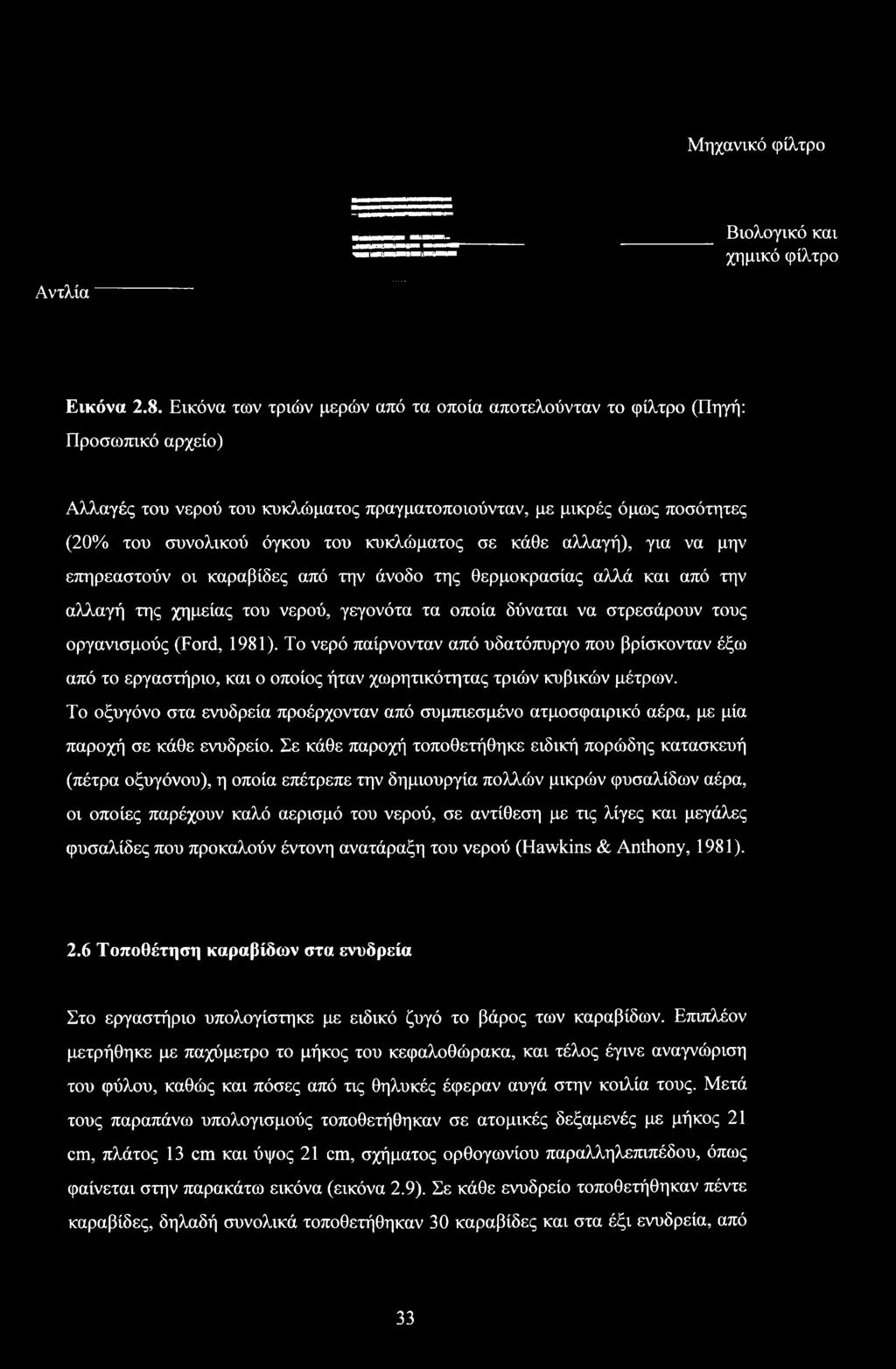 Το οξυγόνο στα ενυδρεία προέρχονταν από συμπιεσμένο ατμοσφαιρικό αέρα, με μία παροχή σε κάθε ενυδρείο.