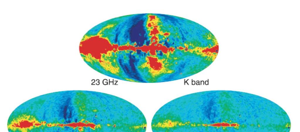 Εικ. 2.12: Πλήρεις χάρτες θερμοκρασίας εννέα ετών σε πέντε ζώνες συχνοτήτων που μετρούνται από τον WMAP, σε γαλαξιακές συντεταγμένες και σε προβολή Mollweide.