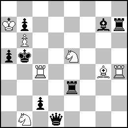 Rg8!}, 1.Qa1! [2.Qg1#], 1...cxb2 2.Qg1+ Kc3 3.Sd5#, 1...Qxe7 2.Qg1+ Qe3 3.Qxe3#, 1...Bxf4 2.Qg1+ Be3 3.Qg7#, 1...Rg8 2.bxc3+ Sxc3 3.