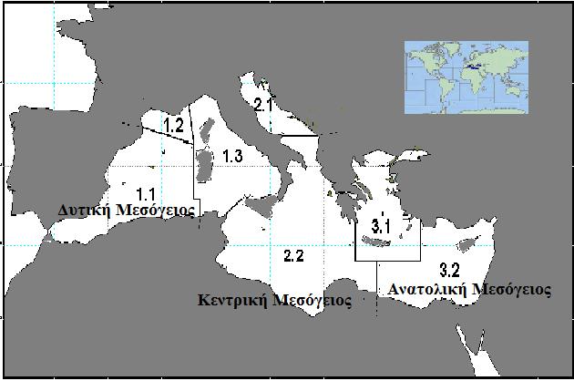 1.2.1 Μικρή παράκτια αλιεία στη Μεσόγειο θάλασσα Η Mεσόγειος είναι µια ηµίκλειστη θάλασσα που χωρίζεται σε τρεις λεκάνες, Ανατολική (µε δύο υποδιαιρέσεις: Αιγαίο 3.1, Λεβαντίνη 3.