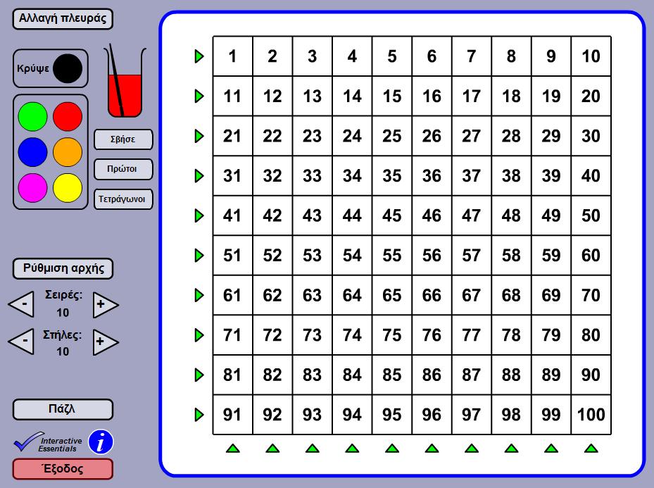 3. Εφαρμογίδια για τον πίνακα των αριθμών μέχρι το 100 3.1 Στο λογισμικό «Παίζω με τους αριθμούς» να επιλέξεις «Πίνακας αριθμών».
