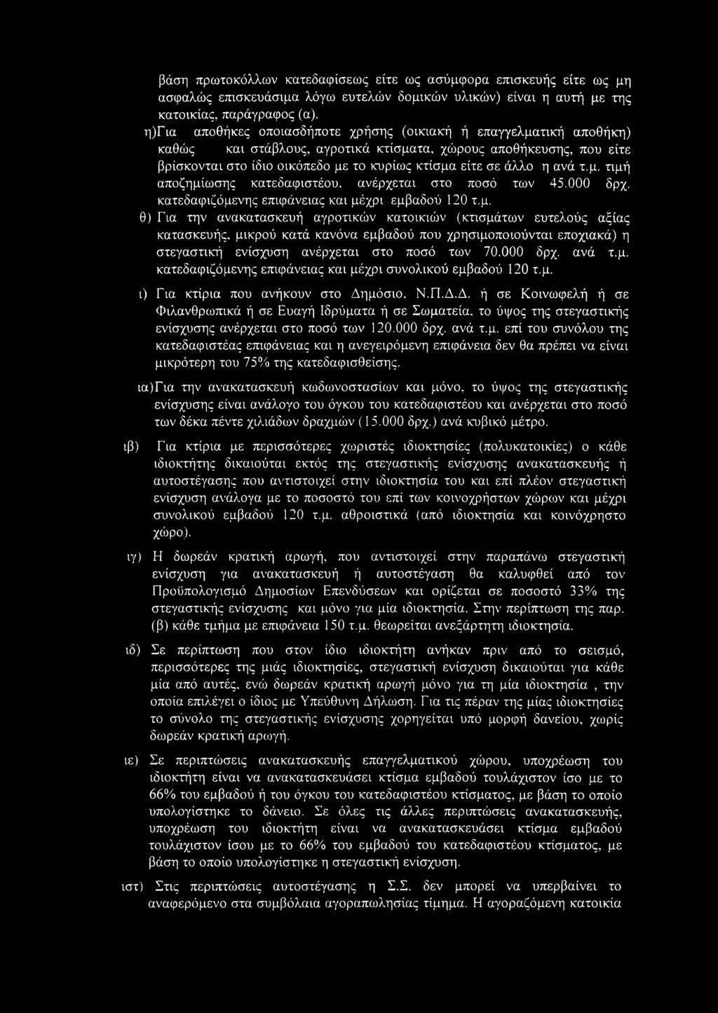 η ανά τ.μ. τιμή αποζημίωσης κατεδαφιστέου. ανέρχεται στο ποσό των 45.000 δρχ. κατεδαφιζόμενης επιφάνειας και μέχρι εμβαδού 120 τ.μ. θ) Για την ανακατασκευή αγροτικών κατοικιών (κτισμάτων ευτελούς αξίας κατασκευής, μικρού κατά κανόνα εμβαδού που χρησιμοποιούνται εποχιακά) η στεγαστική ενίσχυση ανέρχεται στο ποσό των 70.