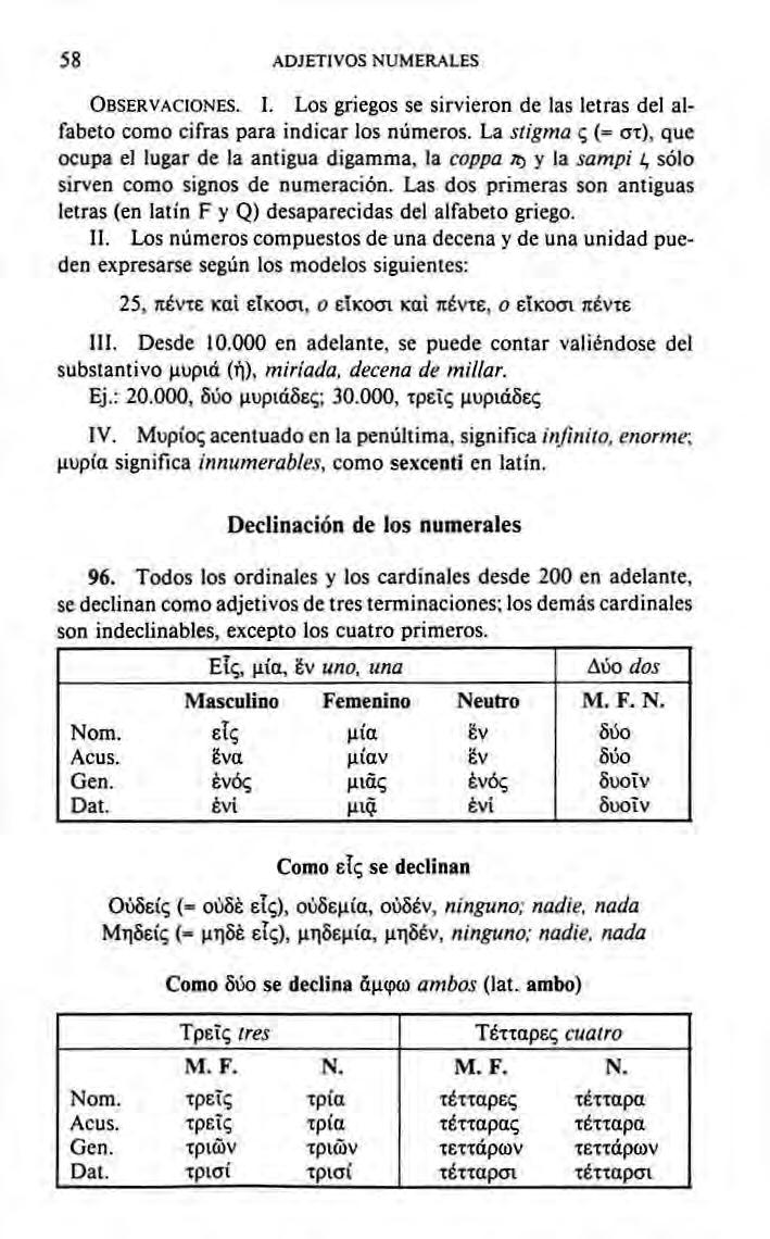 58 ADJETIVOS NUMERALES OBSERVACIONES. I. Los griegos se sirvieron de las letras del alfabeto como cifras para indicar los números.