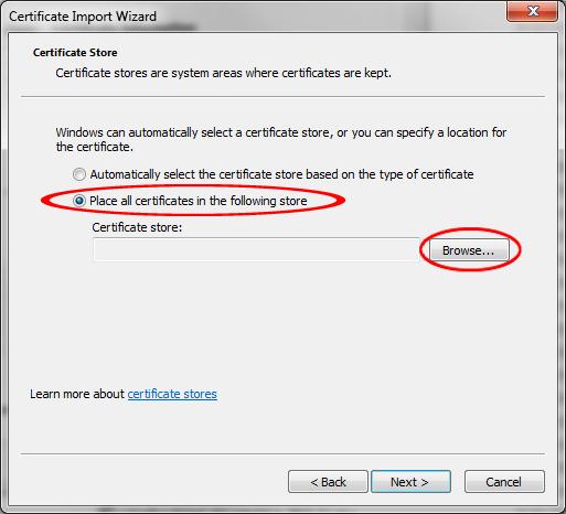 SSL πιστοποιητικά Επιλέξτε "Place all certificates in