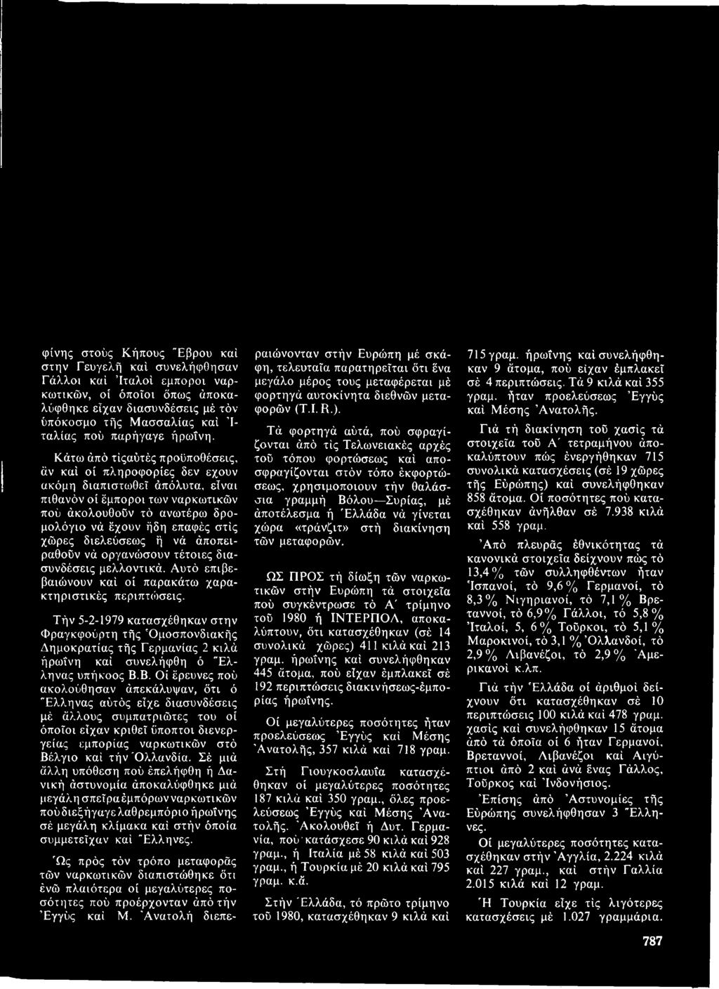 Τήν 5-2-1979 κατασχέθηκαν στην Φραγκφούρτη τής 'Ομοσπονδιακής Δημοκρατίας τής Γερμανίας 2 κιλά ήρωΐνη καί συνελήφθη ό "Ελληνας υπήκοος Β.