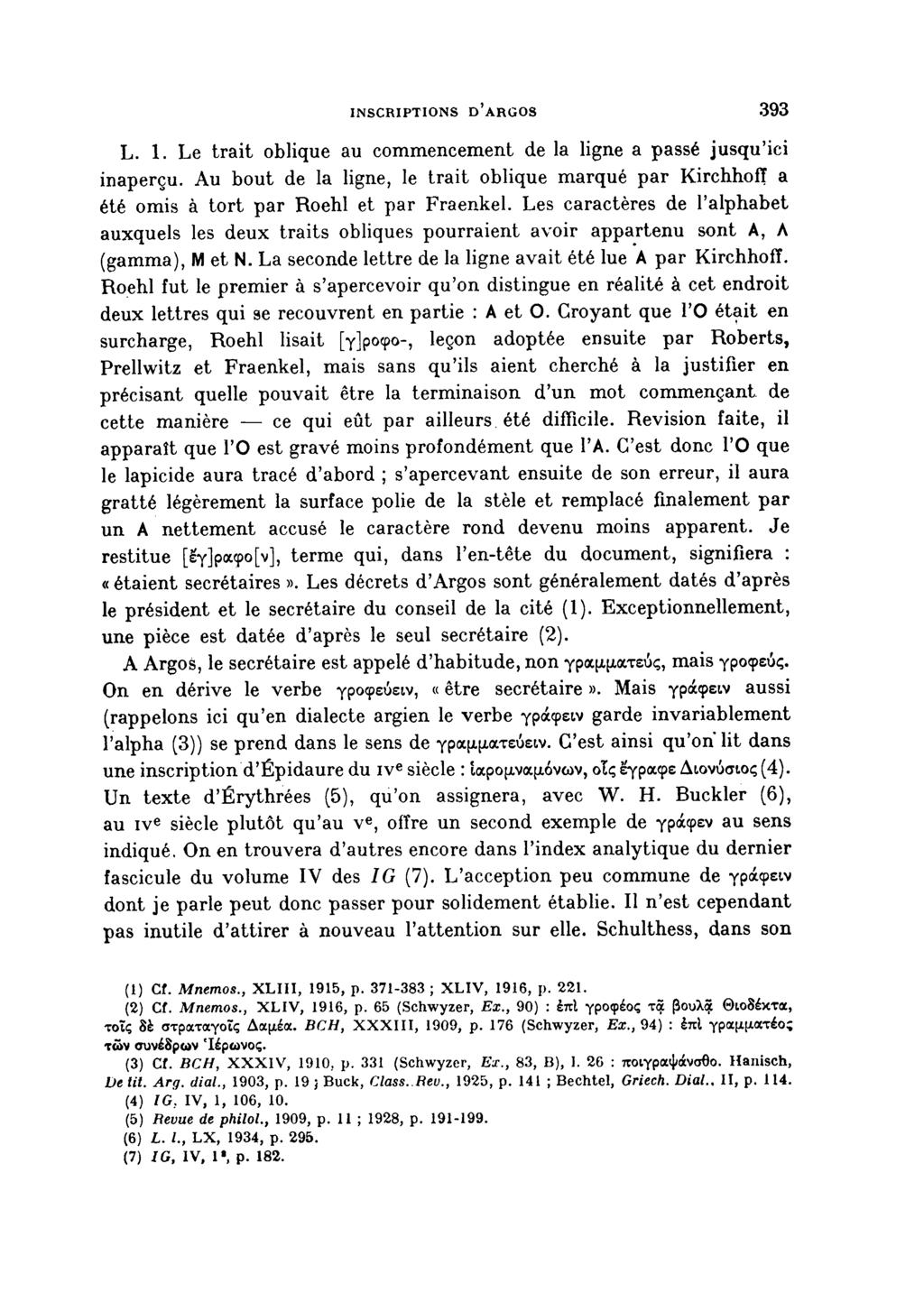 inscriptions d'argos 393 L. 1. Le trait oblique au commencement de la ligne a passé jusqu'ici inaperçu.