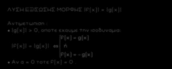 1 ΛΥΣΗ ΕΞΙΣΩΣΗΣ ΜΟΡΦΗΣ f(x) = g(x) Αντιμετωπιση : g(x) > 0, οποτε εχουμε την ισοδυναμια: f(x) = g(x) Aν α = 0 τοτε f(x) = 0.
