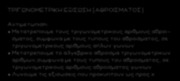 38 ΤΡΙΓΩΝΟΜΕΤΡΙΚ Η ΕΞΙΣΩΣΗ (ΑΘΡΟΙΣΜΑΤΟΣ) Αντιμετωπιση: Μετατρεπουμε τους τριγωνομετρικους αριθμους αθροι - σματος, συμφωνα με τους τυπους του αθροισματος, σε τριγωνομετρικους αριθμους απλων γωνιων