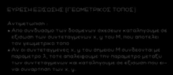 87 ΕΥΡΕΣΗ ΕΞΙΣΩΣΗΣ (ΓΕΩΜΕΤΡΙΚΟΣ ΤΟΠΟΣ) Αντιμετωπιση : Απο συνδυασμο των δοσμενων σχεσεων καταληγουμε σε εξισωση των συντεταγμενων x, y του Μ, που αποτελει τον γεωμετρικο τοπο Αν οι συντεταγμενες x, y