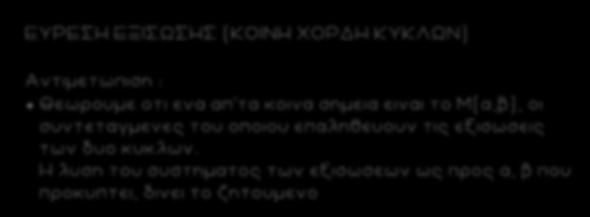 89 ΕΥΡΕΣΗ ΕΞΙΣΩΣΗΣ (ΚΟΙΝΗ ΧΟΡΔΗ ΚΥΚΛΩΝ) Αντιμετωπιση : Θεωρουμε οτι ενα απ τα κοινα σημεια ειναι το Μ(α,β), οι συντεταγμενες του οποιου επαληθευουν τις εξισωσεις των δυο κυκλων.