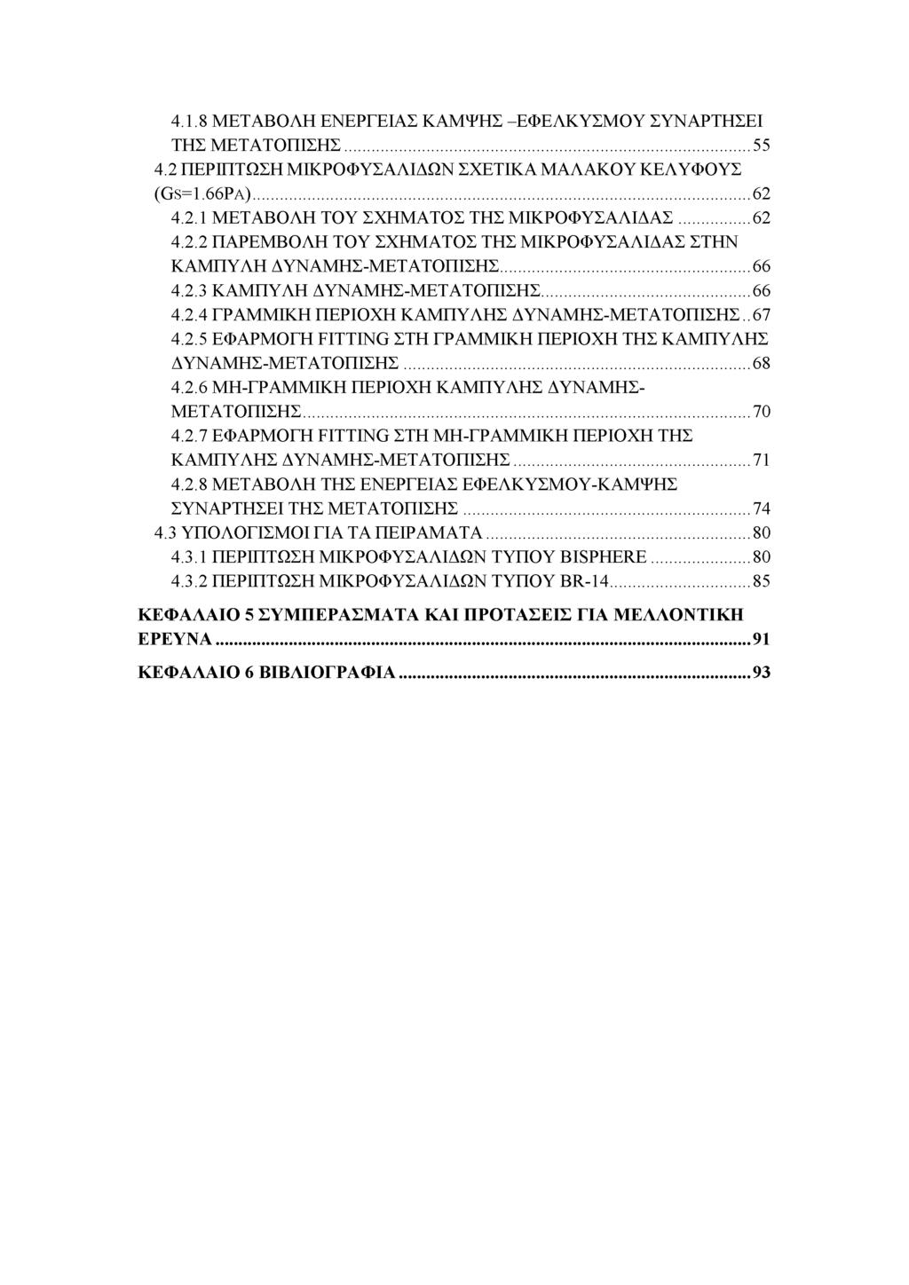 4.1.8 ΜΕΤΑΒΟΛΗ ΕΝΕΡΓΕΙΑΣ ΚΑΜΨΗΣ -ΕΦΕΛΚΥΣΜΟΥ ΣΥΝΑΡΤΗΣΕΙ ΤΗΣ ΜΕΤΑΤΟΠΙΣΗΣ...55 4.2 ΠΕΡΙΠΤΩΣΗ ΜΙΚΡΟΦΥΣΑΛΙΔΩΝ ΣΧΕΤΙΚΑ ΜΑΛΑΚΟΥ ΚΕΛΥΦΟΥΣ (Gs=1.66Pa)...62 4.2.1 ΜΕΤΑΒΟΛΗ ΤΟΥ ΣΧΗΜΑΤΟΣ ΤΗΣ ΜΙΚΡΟΦΥΣΑΛΙΔΑΣ...62 4.2.2 ΠΑΡΕΜΒΟΛΗ ΤΟΥ ΣΧΗΜΑΤΟΣ ΤΗΣ ΜΙΚΡΟΦΥΣΑΛΙΔΑΣ ΣΤΗΝ ΚΑΜΠΥΛΗ ΔΥΝΑΜΗΣ-ΜΕΤΑΤΟΠΙΣΗΣ.