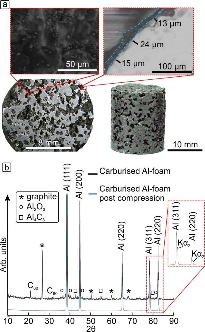 Extended Summary in English Figure 12: Carburized porous aluminum with 60% porosity (a) macro and micro structure and (b) X-ray diffraction pattern using CuKa radiation.