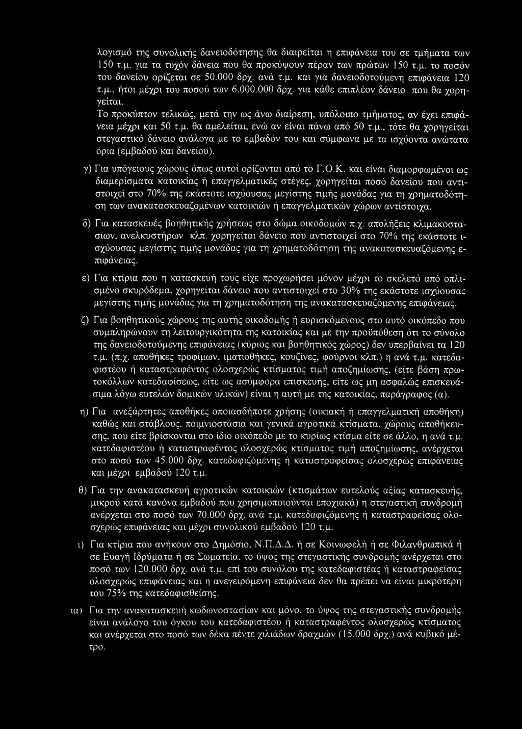 Το προκύπτον τελικώς, μετά την ως άνω διαίρεση, υπόλοιπο τμήματος, αν έχει επιφάνεια μέχρι και 50 τ.μ. θα αμελείται, ενώ αν είναι πάνω από 50 τ.μ., τότε θα χορηγείται στεγαστικό δάνειο ανάλογα με το εμβαδόν του και σύμφωνα με τα ισχύοντα ανώτατα όρια (εμβαδού και δανείου).