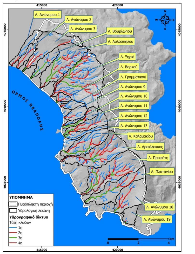 Στην περιοχή απαντώνται δύο ομάδες υδρολογικών λεκανών: Αυτές που απορρέουν ανατολικά στο Μυρτώο Πέλαγος και Αυτές που απορρέουν δυτικά στο Λακωνικό κόλπο Γενικά, αναπτύσσονται με ΒΑ-ΝΔ διεύθυνση