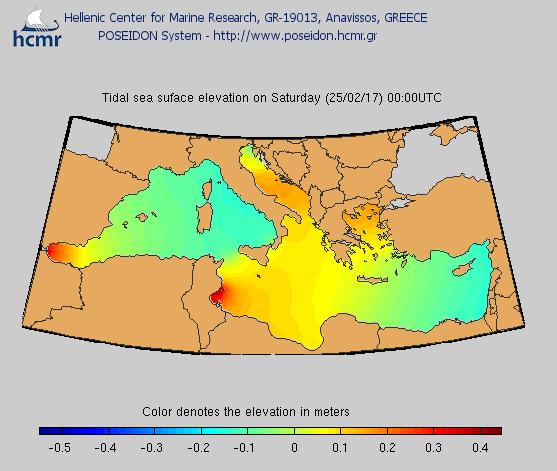 ΠΕΡΙΟΧΗ ΜΕΛΕΤΗΣ Χάρτης 5.8 Μέσο παλιρροιακό εύρος στη Μεσόγειο, με βάση τα αποτελέσματα του προγράμματος POSEIDON (Πηγή: http://www.