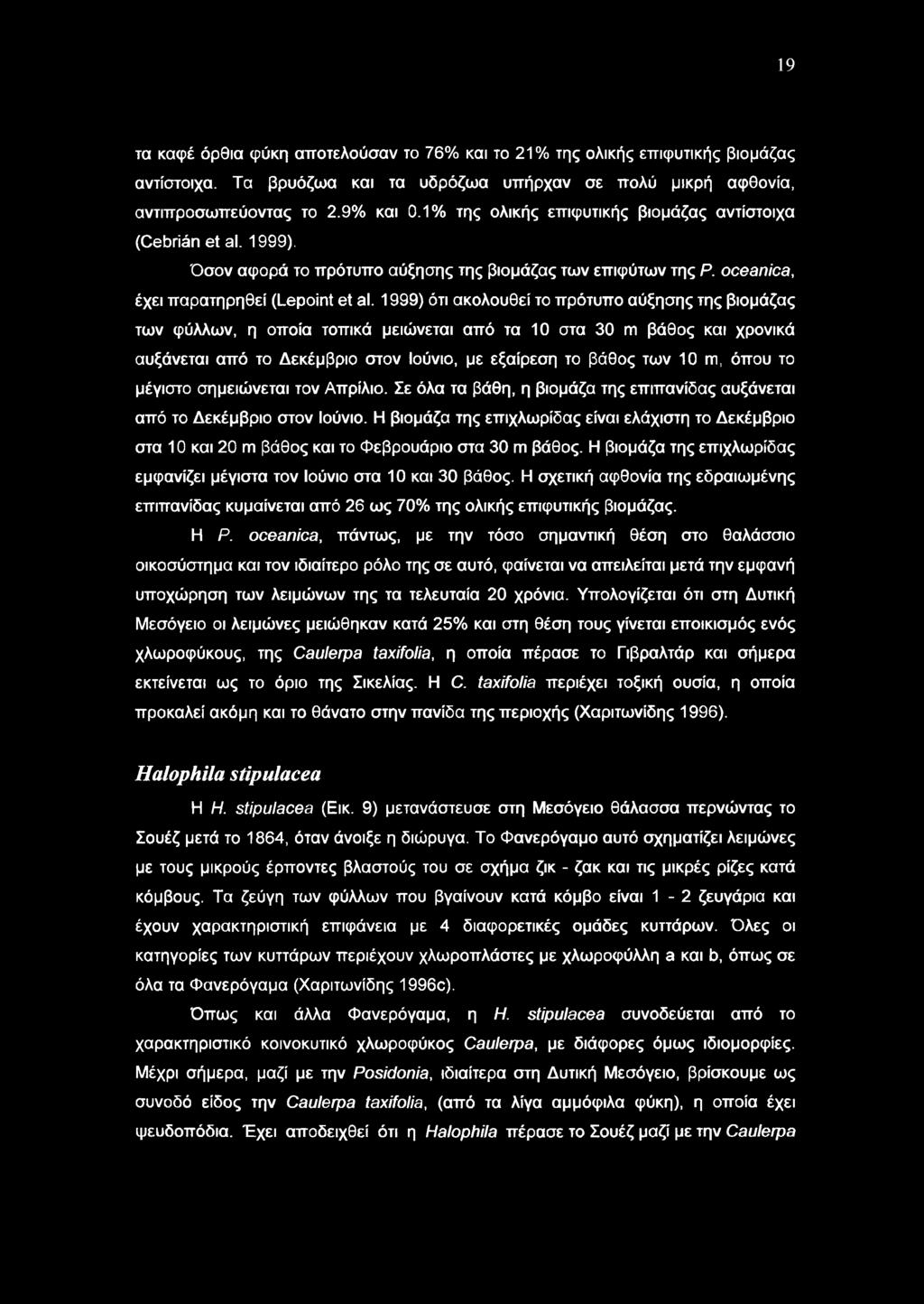 1999) ότι ακολουθεί το πρότυπο αύξησης της βιομάζας των φύλλων, η οποία τοπικά μειώνεται από τα 10 στα 30 m βάθος και χρονικά αυξάνεται από το Δεκέμβριο στον Ιούνιο, με εξαίρεση το βάθος των 10 m,
