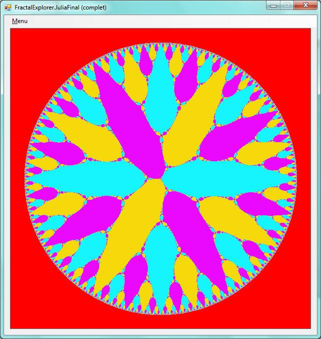 6. Clasa JuliaFinal. Funcţia makeimage() următoare colorează prin metoda locului final punctele Fatou ale funcţiei f(z) = (z 3 +c)/z pentru c = 0.001. Aflaţi semnificaţia celor patru culori.