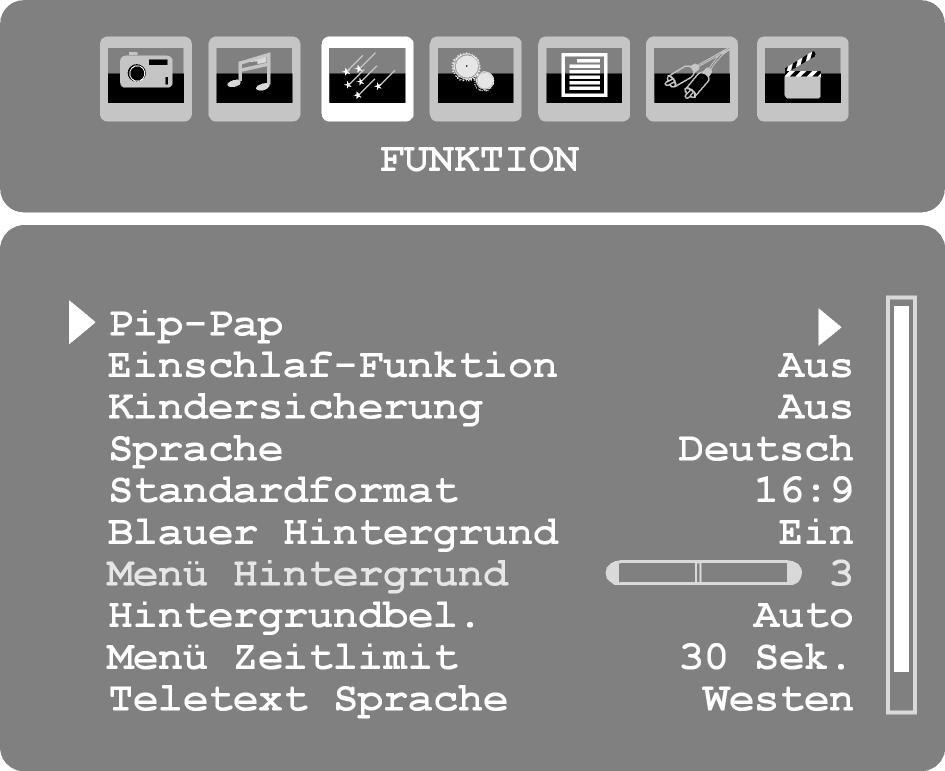 Menü FUNKTION Menüpunkt Pip-Pap Einschlaf-Funktion Kindersicherung Sprache Standard Format Blauer Hintergrund Menü Hintergrund Hintergrundbel.