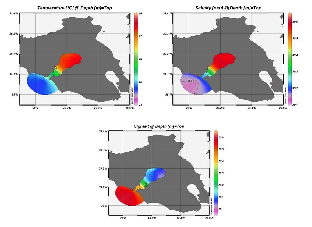 Σχήμα 4.14. Οριζόντιες επιφανειακές κατανομές των φυσικών παραμέτρων της θερμοκρασίας, της αλατότητας και της πυκνότητας σ t κατά την περίοδο του καλοκαιριού (Ιούλιος 2005).
