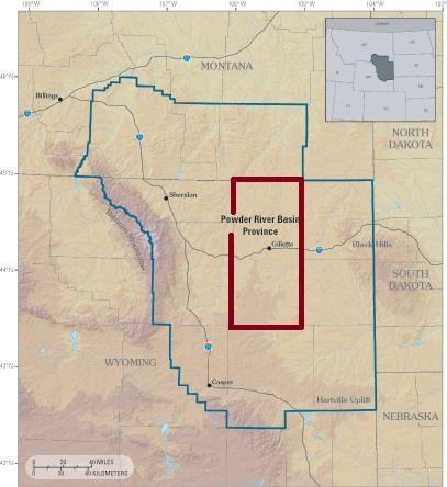 1. Εισαγωγή Σχήμα 1.1: Χάρτης της λεκάνης Powder River. Η κομητεία του Campbell τοποθετείται μέσα στο κόκκινο πλαίσιο.