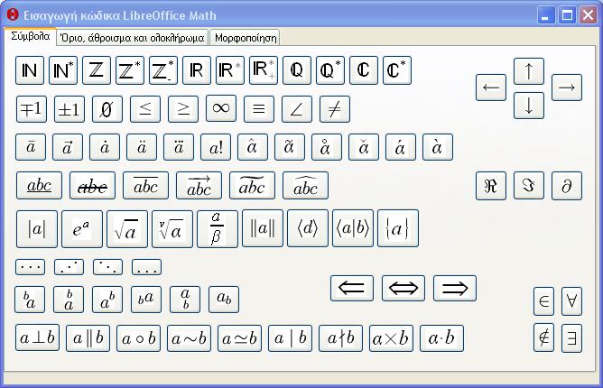Υποστήριξη μαθηματικών τύπων Ο Θεματογράφος υποστηρίζει μαθηματικούς τύπους με την ιδιαίτερη συμβολική γλώσσα του LibreOffice.