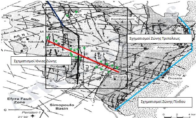 Εικ.Α.1.7 : Γεωτεκτονικός χάρτης κεντρικής Πελοποννήσου. Στο κελί περιλαμβάνεται η περιοχή μελέτης. Στον πρώτο χάρτη διακρίνουμε τις θέσεις που συλλέχθηκαν δεδομένα υπαίθρου.