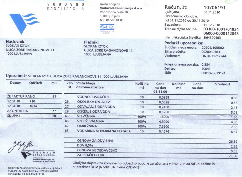 3 IZRAČUN PORABE VODE Uvod v poglavje Vsak mesec prejmemo račun za porabljeno vodo (slika 19). Ob tem pogosto tarnamo, kako je draga.