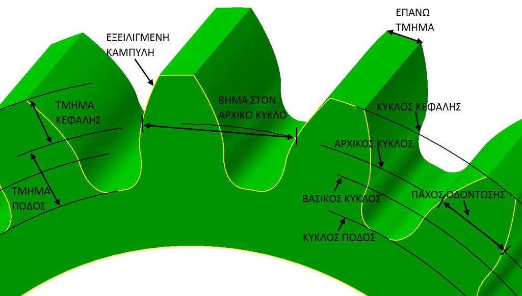 d k = (Z + 2) m d f = (Z 2,5) m (1.8) (1.9) Το εργαζόμενο ύψος του δοντιού είναι ίσο με 2x module. Οι δύο συνεργαζόμενοι οδοντωτοί τροχοί θα πρέπει να έχουν το ίδιο βήμα.