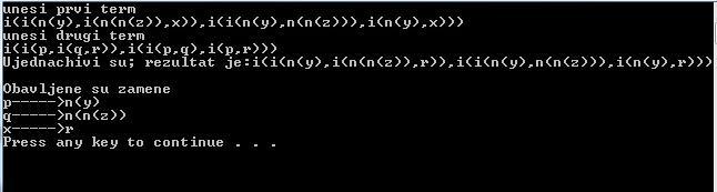 Пример 3. Слично, ако посматрамо исказне формуле ( y ( z x)) (( y z) ( y x)) (p (q r)) ((p q) (p r)) можемо утврдити да су оне уједначиве.