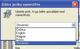 Najprej v oknu Izbira jezika namestitve izberemo možnost Slovenski: Skoraj vse naprej izbrane nastavitve v korakih čarovnika so