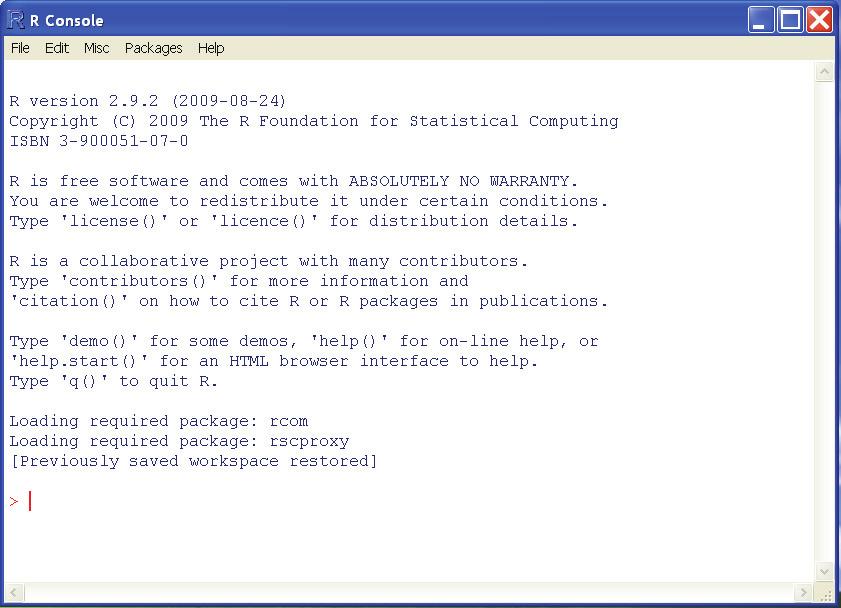 Ob tem se odpre okno R-ovega vmesnika R Console z osnovno menijsko vrstico (File, Edit, Misc, Packages, Help).