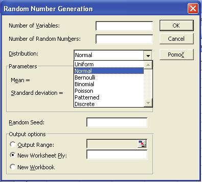 6.2 Generator slučajnih števil v Excelu V Excelu generator slučajnih števil omogoča generiranje vrednosti slučajnih spremenljivk, porazdeljenih po različnih porazdelitvah.
